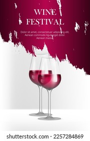 Wine bottle with label on white background. Realistic 3d two wine glasses with red liquid. Product placement mock up banner for branding. Grunge luxury background stage. Vector illustration.