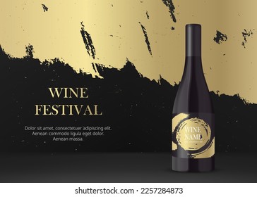 Wine bottle with label on white background. Realistic 3d Black bottle with red liquid. Product placement mock up banner for branding. Grunge luxury golden background stage. Vector illustration.