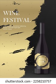 Wine bottle with label on white background. Realistic 3d Black bottle with red liquid. Product placement mock up banner for branding. Grunge luxury golden background stage. Vector illustration.