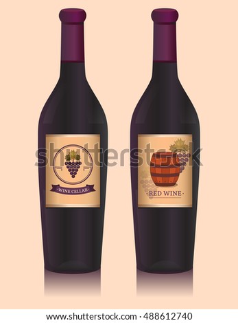 Wine bottle with label. Vector illustration with grapes and wine barrel. Template for design label. Background for the packaging, tag, packet, flyer, brochure, cover, card, banner, poster.