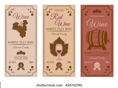 Wine bottle labels with brown vines grape leaves berries wooden barrel tiny stains inscriptions isolated vector illustration