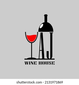 Wine bottle letter AJ with a red glass of wine. Minimal, simple and unique.