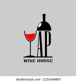 Wine bottle letter AP with a red glass of wine. Minimal, simple and unique.