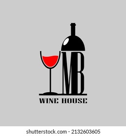 Wine bottle letter MB with a red glass of wine. Minimal, simple and unique.