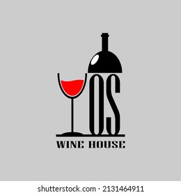 Wine bottle letter OS with a red glass of wine. Minimal, simple and unique.
