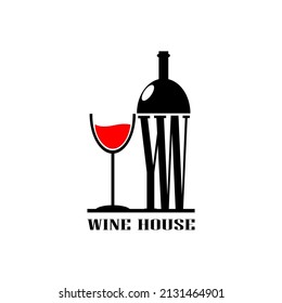 Wine bottle letter YW with a red glass of wine. Minimal, simple and unique.