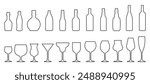 Wine bottle line collection, bottles of wine and different wine glass icons isolated. Bottles of various sizes. Contours of bottles for water, alcohol and cocktails – vector