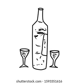 Wine bottle line icon isolated on white background. Alcohol drink symbol or logo. Glass bottle and two wine glass. Black and white drawing sketch. Hand drawn design. Stock vector illustration.