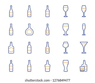 Wine bottle line icons. Set of Craft beer, Whiskey and Wine glass icons. Champagne bottle, Alcohol drink and Scotch with ice. Wineglass, Beer glass and Restaurant goblet signs. Beverage drink. Vector