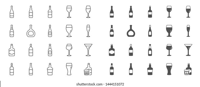 Wine bottle line icons. Set of Craft beer, Whiskey and Wine glass icons. Champagne bottle, Alcohol drink and Scotch with ice. Wineglass, Beer glass and Restaurant goblet signs. Beverage drink. Vector