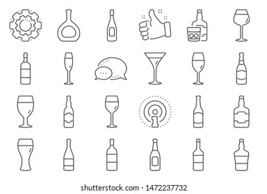 Wine bottle line icons. Set of Craft beer, Whiskey and Wine glass icons. Champagne bottle, Alcohol drink and Scotch with ice. Wineglass, Beer glass and Restaurant goblet signs. Beverage drink. Vector