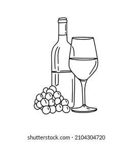 Wine bottle line simple illustration. Menu design. Outline doodle drawing. Draw icon. Vector 