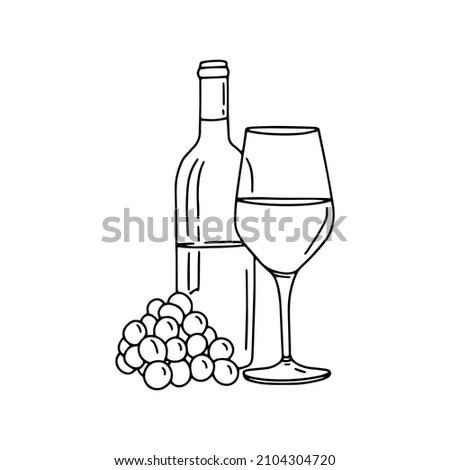Wine bottle line simple illustration. Menu design. Outline doodle drawing. Draw icon. Vector 