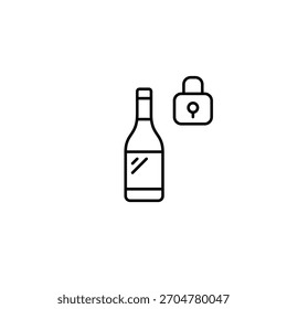 Weinflasche und Schloss. Beschränkte Alkoholverteilung. Pixel perfekt, bearbeitbares Strichvektorsymbol