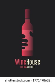 Wine bottle logo. Hand hold wine on black background