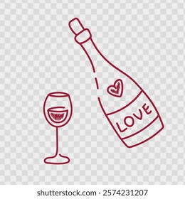 Wine bottle with love inscription and glass of wine Doodle style. Minimalist hand drawn line