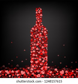 wine bottle made of pink and red hearts on black background - flat vector illustration