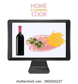 Wine bottle, meat, french fries, olives on the computer screen - vector. Online cooking courses. Home kitchen.