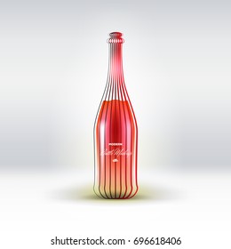 Wine bottle mockup (mock up). Modern lines design. Vector 3d illustration. Red wine, red bottle and glow on white background