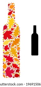 Wine Bottle mosaic icon constructed for fall season. Vector wine bottle mosaic is formed of random autumn maple and oak leaves. Mosaic autumn leaves in bright gold, brown and red colors.