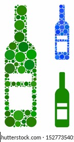 Wine bottle mosaic of round dots in various sizes and color tinges, based on wine bottle icon. Vector round dots are organized into blue illustration.