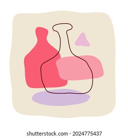 Botella de vino con fondo abstracto. Dibujar a mano doodle de varias formas, puntos. Ilustración moderna y contemporánea. Concepto de с minimalista de bebidas alcohólicas. Diseño gráfico de estilo plano actual.
