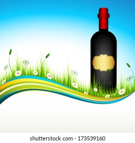Wine bottle on the meadow. Vector illustration. 