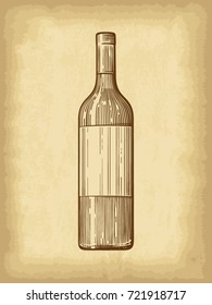 Wine bottle on old craft paper texture background. Template for your design works. Engraved style hand drawn vector illustration.