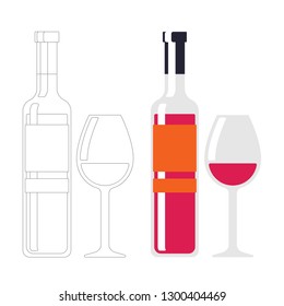 Wine bottle on white background. Wine glass, contour. Red wine color. Alcohol drink sign. Line and color illustration tableware for drinking isolated in flat style.