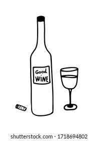 Wine bottle opened with cork and glass. Hand drawn vector isolated. Outline style EPS10. 