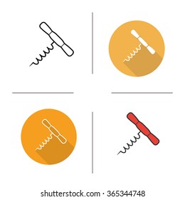 Wine bottle opener flat design, linear and color icons set. Kitchen tools item. Cooking equipment. Cuisine instrument. Contour and long shadow logo concepts. Isolated vector illustrations