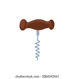 Wine bottle opener isolated corkscrew color flat icon. Vector twisted spin to open wine with red wooden handle. Object to uncork drinks and beverages, metal kitchenware utensil, winery twisted tool.