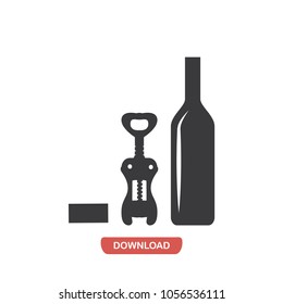 Wine bottle, opener vector icon