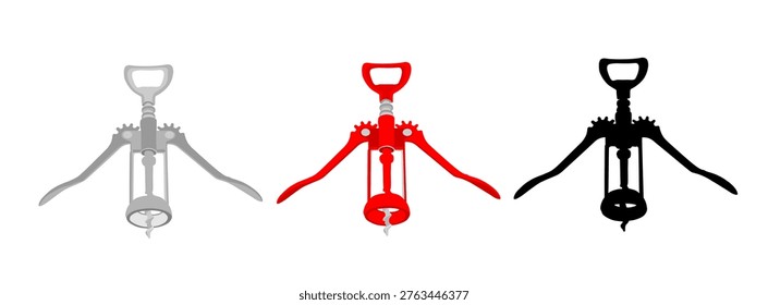 Wine bottle opener vector illustration isolated on white background. Pub and restaurant equipment for drinks. Barman and waiter tool. Corkscrew silhouette.