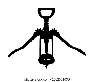 Wine bottle opener vector silhouette isolated on white background. Pub and restaurant equipment for drinks. Barman and waiter tool. Corkscrew silhouette. 