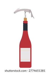 Wine bottle opening with corkscrew. Cork being removed from glass bottle with waiter opener tool. Simplicity vector illustration