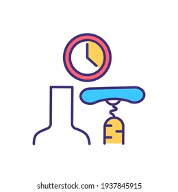 Wine bottle opening with corkscrew RGB color icon. Allowing wine breathe. Aeration, oxidation process. Extended air exposure. Positive effect on alcoholic drink. Isolated vector illustration