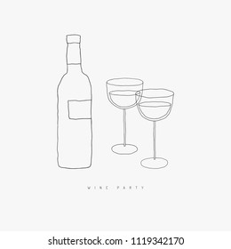 Wine bottle and pair of wine glasses vector line art. Alcohol beverage hand drawn doodle contour