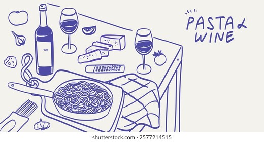 Wine bottle, pasta and cheese hand drawn poster for wall art and prints. Vector illustration of kitchen macaroni preparation for family dinner in retro doodle style perfect for restaurant or cafe menu