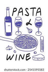 Garrafa de vinho e macarrão cartaz desenhado à mão para arte de parede e impressões. Ilustração vetorial de vino e macarrão em estilo retro, clássico, doodle perfeito para restaurante ou gaiola pré-visualização de menu ou decoração.