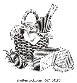 Wine bottle in a picnic basket with cheese and tomatoes. Hand drawn engraving style illustrations. Vector illustration.