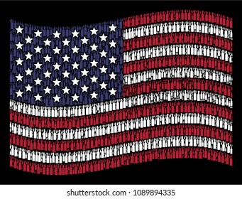 Wine bottle pictograms are composed into waving American flag stylization on a dark background. Vector collage of America state flag is created of wine bottle items.
