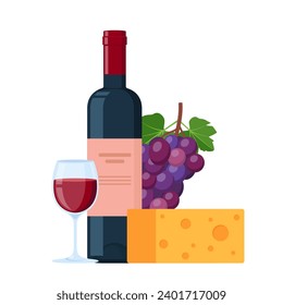 Wine bottle, piece of cheese, bunch of grapes and glass of wine. Sommelier accessory. Vector illustration