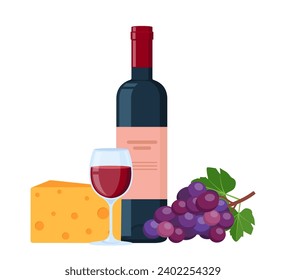 Botella de vino, trozo de queso, ramo de uvas y vaso de vino. Accesorio sommelier. Ilustración del vector