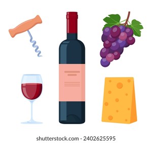 Wine bottle, piece of cheese, bunch of grapes and glass of wine. Corkscrew. Sommelier accessory. Vector illustration