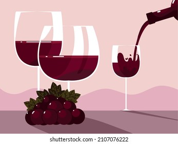 wine bottle pouring in glasses and grapes