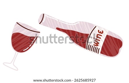 Wine bottle pouring red wine into glass. Flat style art with rustic texture