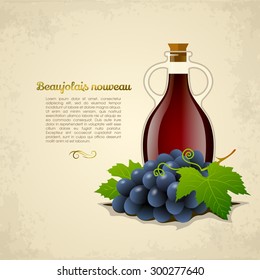 Wine bottle with a racemation of grapes isolated on old paper background. Vector illustration