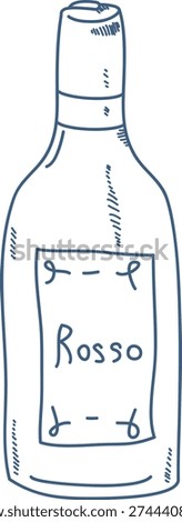Wine bottle with Rosso label drawn in loose hand sketch, bold contour and minimal shading. Evokes dolce vita, celebration, taste, and Italian aperitivo culture. Cartoon vector illustration.
