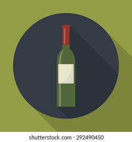 Wine bottle round flat icon with long shadows.